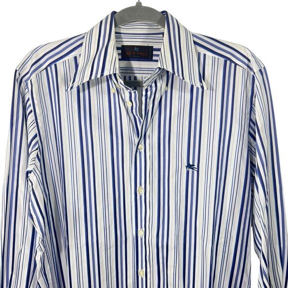 ETRO White Blue Stripe Collared Medium (Sz 39 IT) Long Sleeve Button Down Shirt - Picture 2 of 13